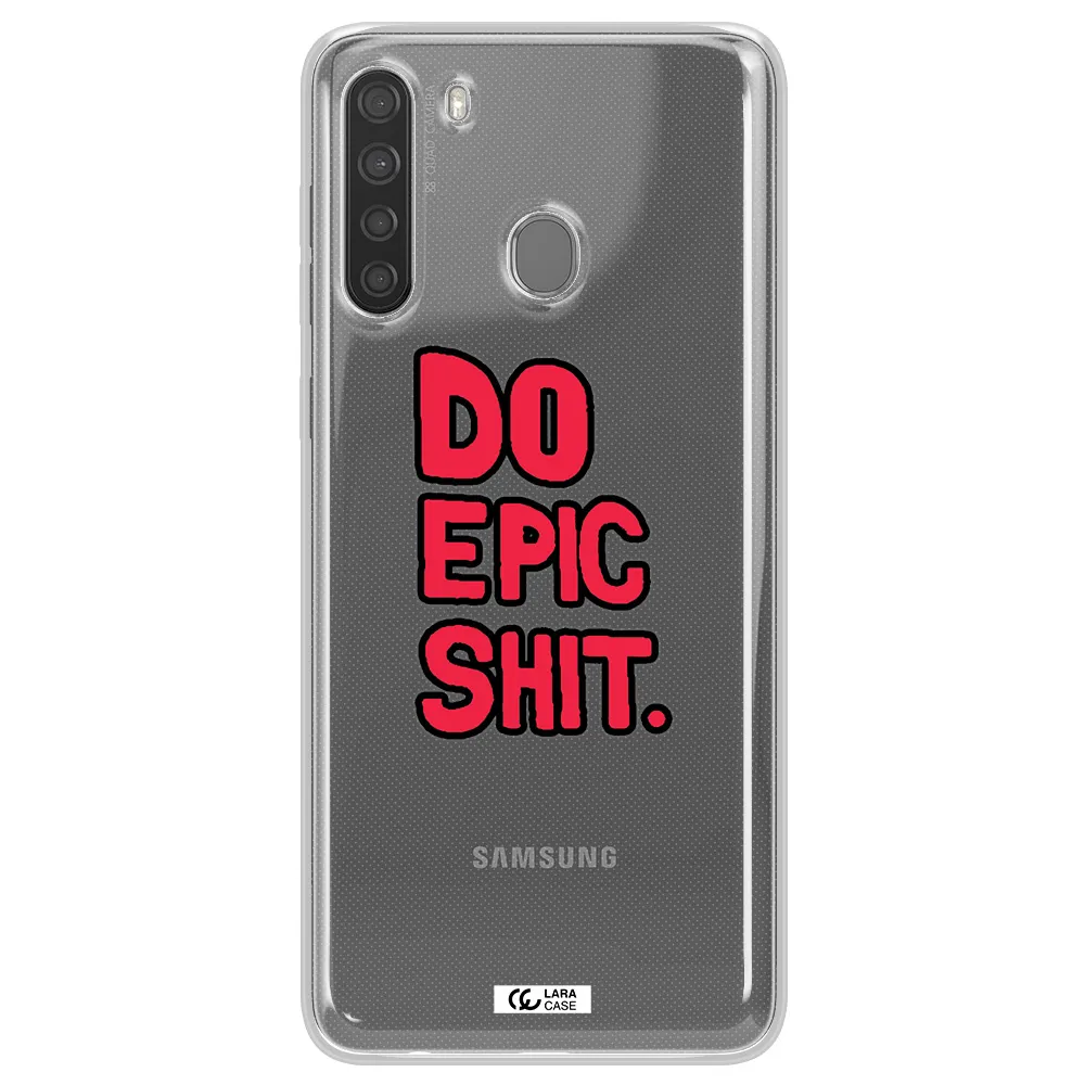 a red and black text Samsung A21 Clear TPU Case
