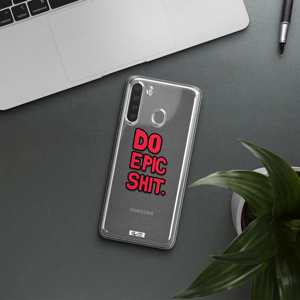 a red and black text Samsung A21 Clear TPU Case