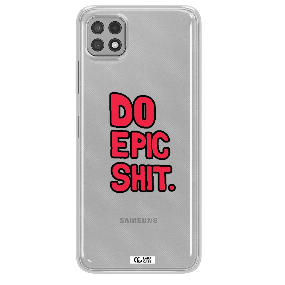 a red and black text Samsung A22 5g Clear TPU Case