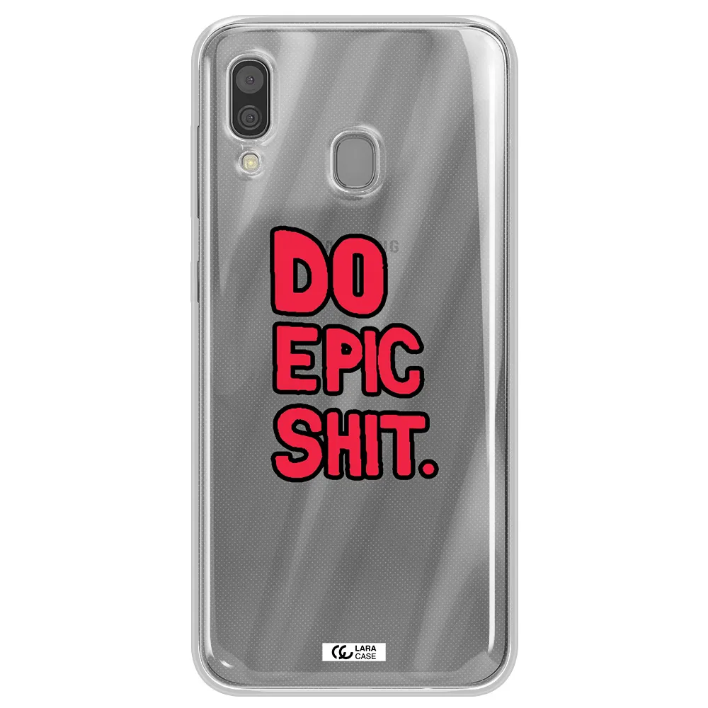 a red and black text Samsung A30 Clear TPU Case