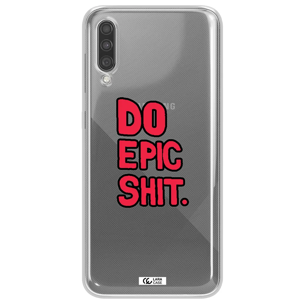 a red and black text Samsung A30S Clear TPU Case