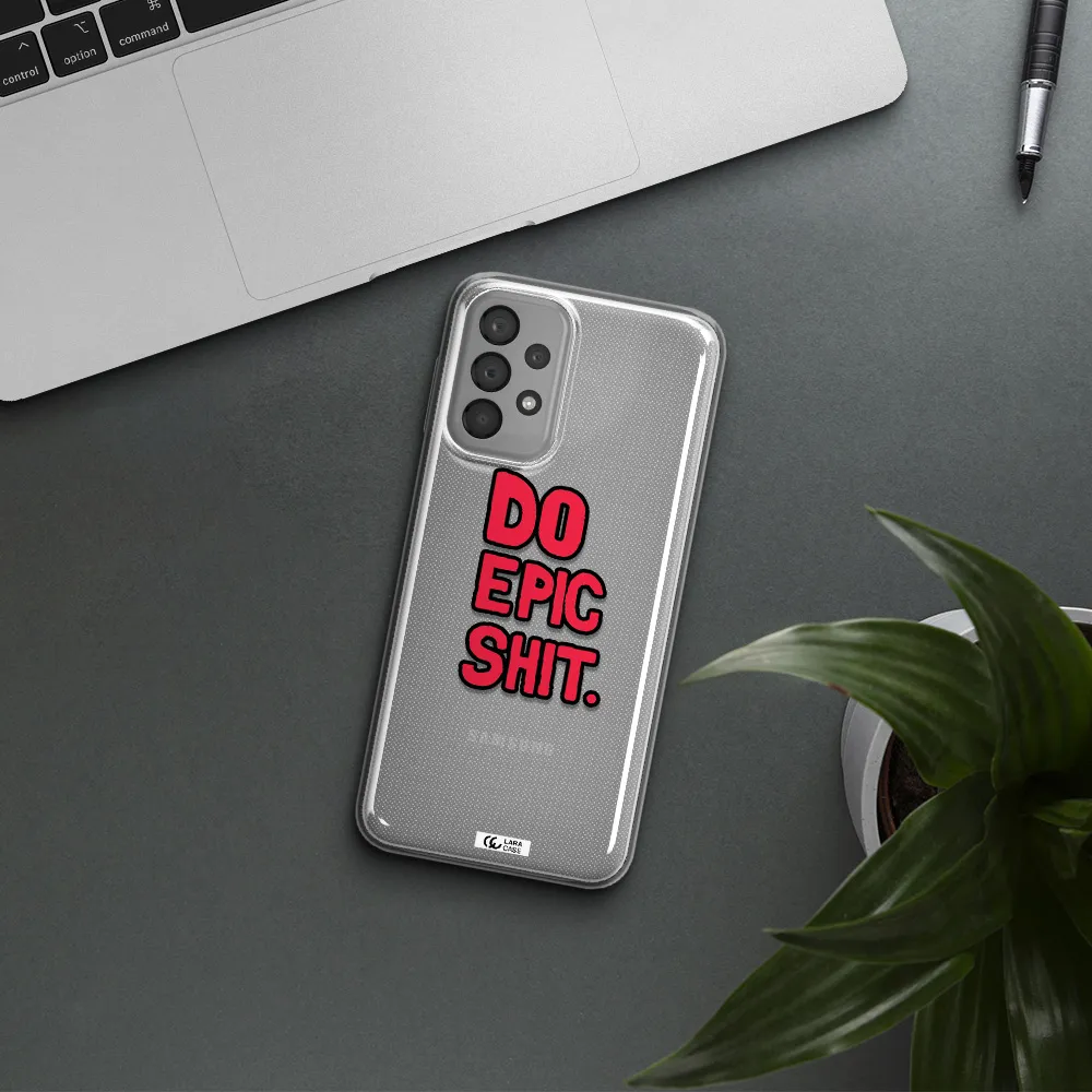 a red and black text Samsung A33 Clear TPU Case