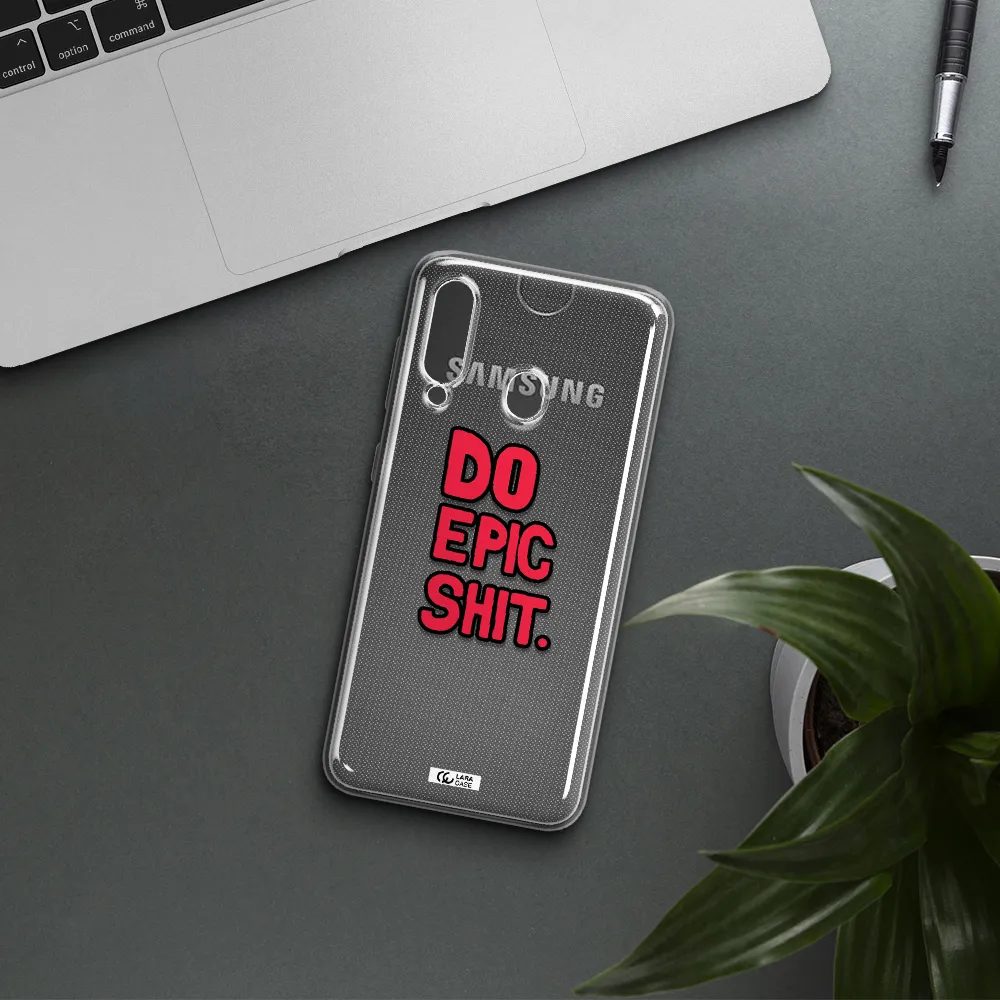 a red and black text Samsung A60 Clear TPU Case