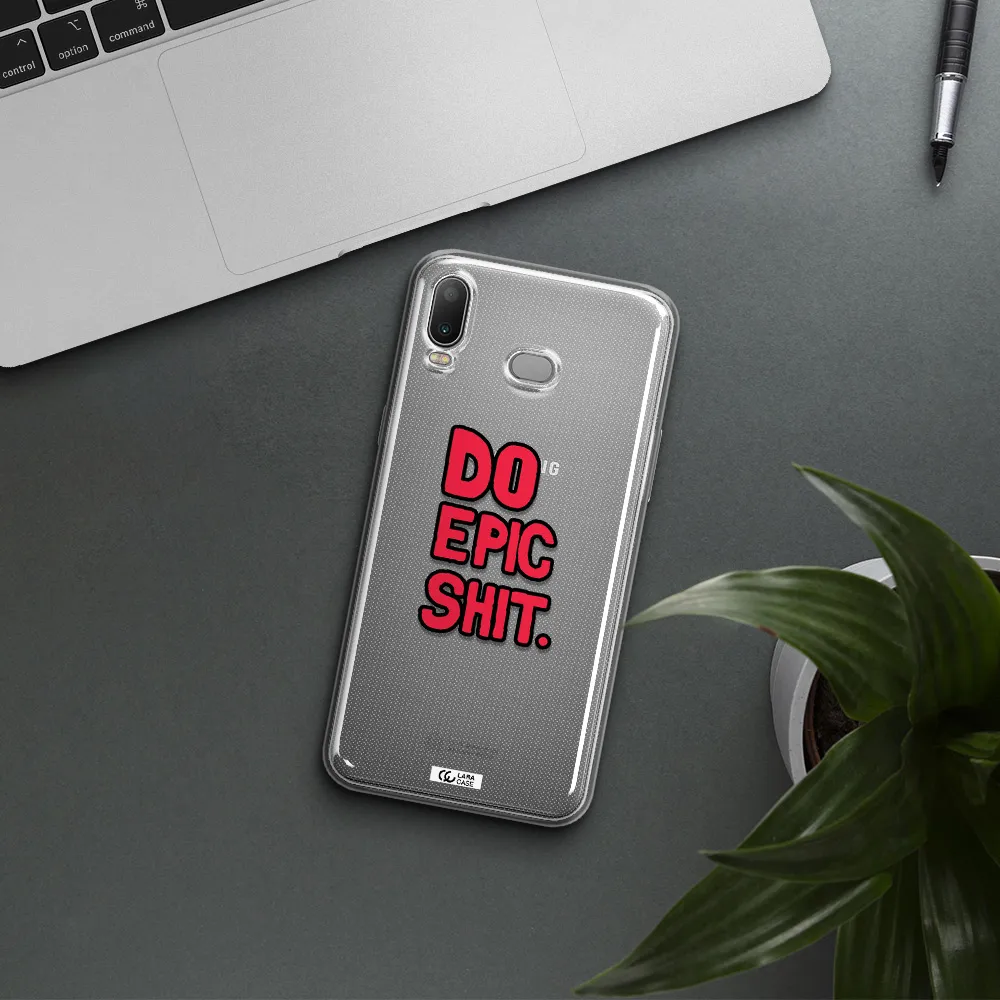 a red and black text Samsung A6S Clear TPU Case