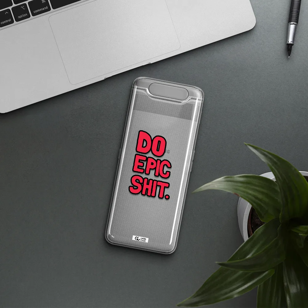 a red and black text Samsung A80 Clear TPU Case