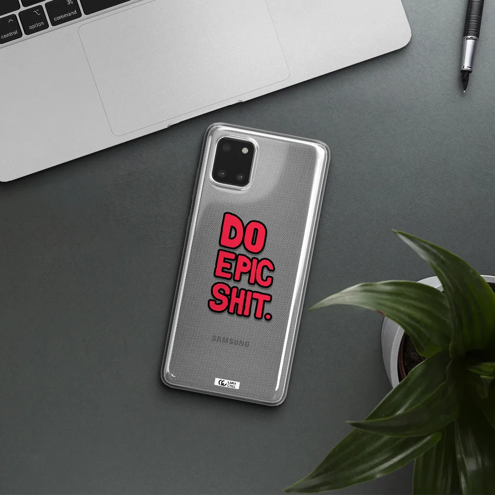 a red and black text Samsung A81 Clear TPU Case