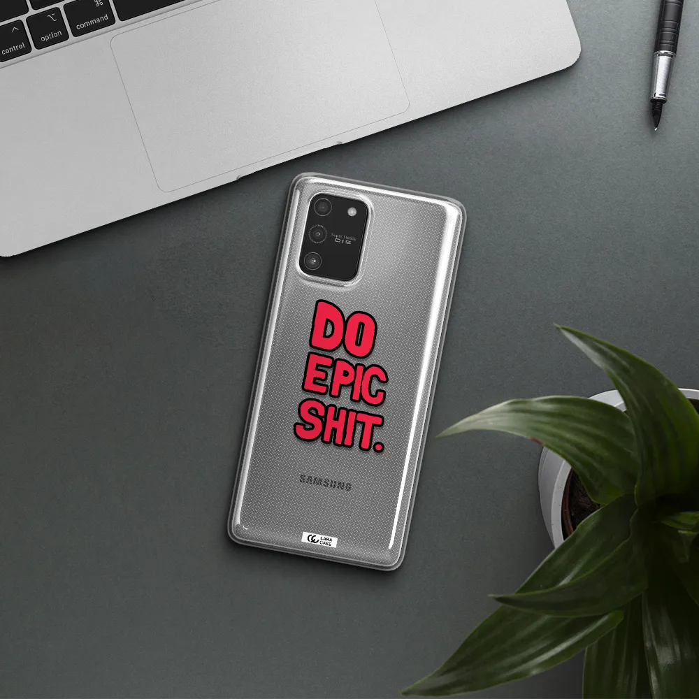 a red and black text Samsung A91 Clear TPU Case