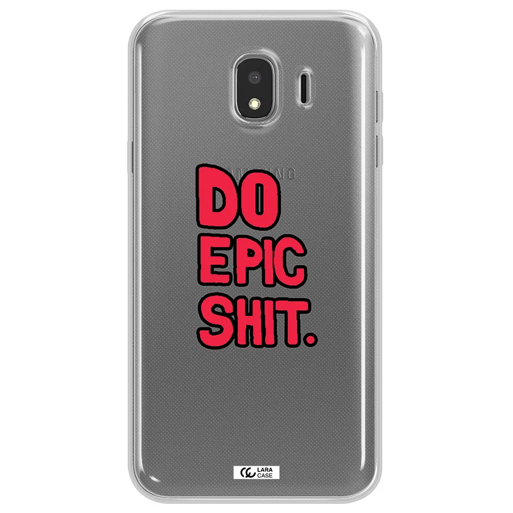 a red and black text Samsung J4 Clear TPU Case