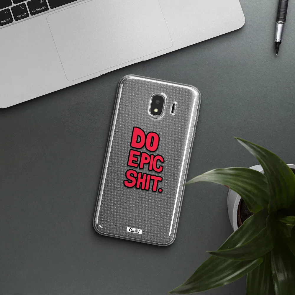 a red and black text Samsung J4 Clear TPU Case