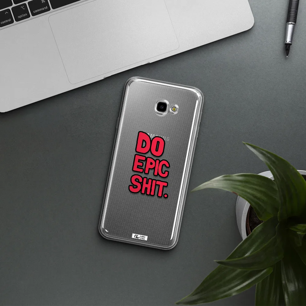 a red and black text Samsung J4 Plus Clear TPU Case