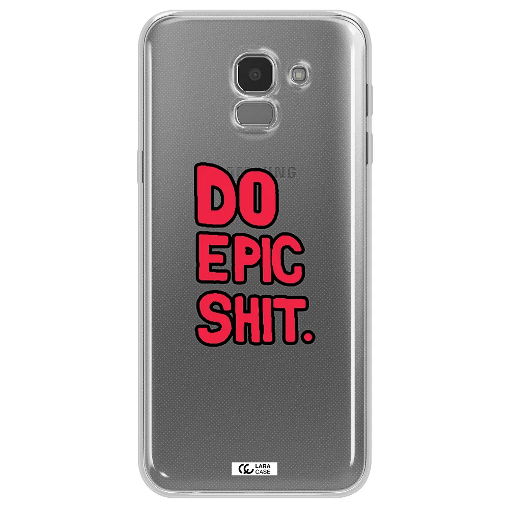 a red and black text Samsung J6 Clear TPU Case