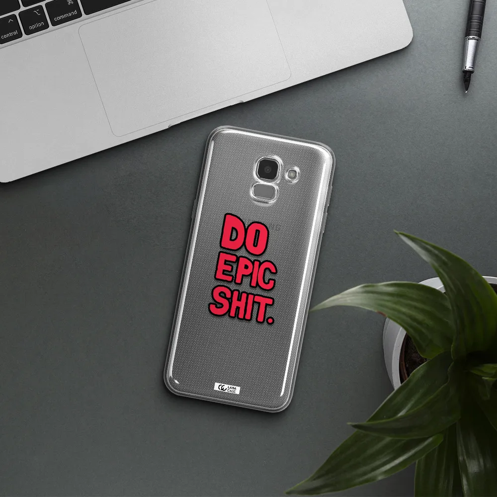 a red and black text Samsung J6 Clear TPU Case