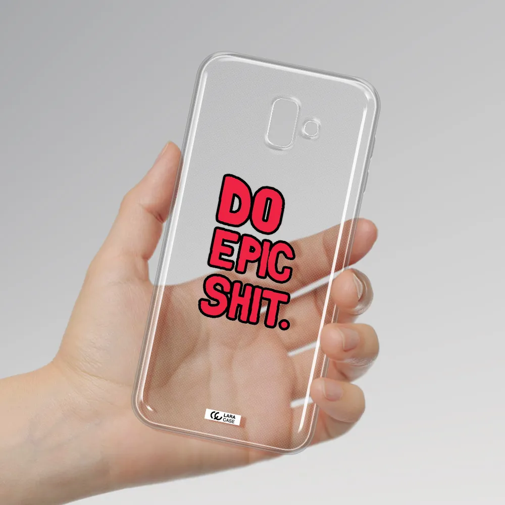 a red and black text Samsung J6 Plus Clear TPU Case