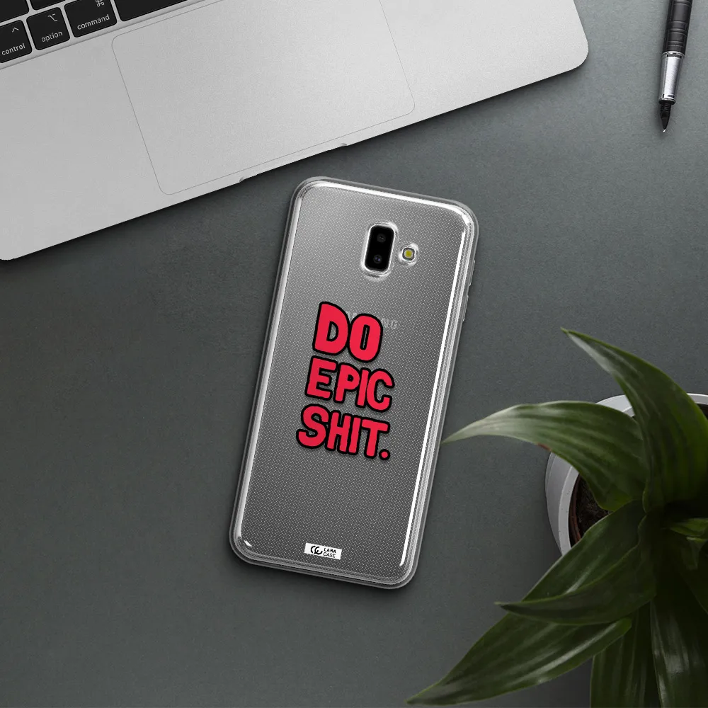 a red and black text Samsung J6 Plus Clear TPU Case