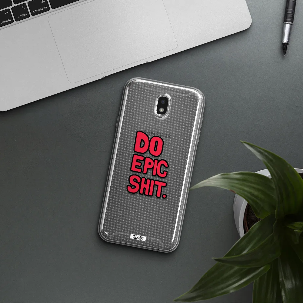 a red and black text Samsung J7 Pro Clear TPU Case