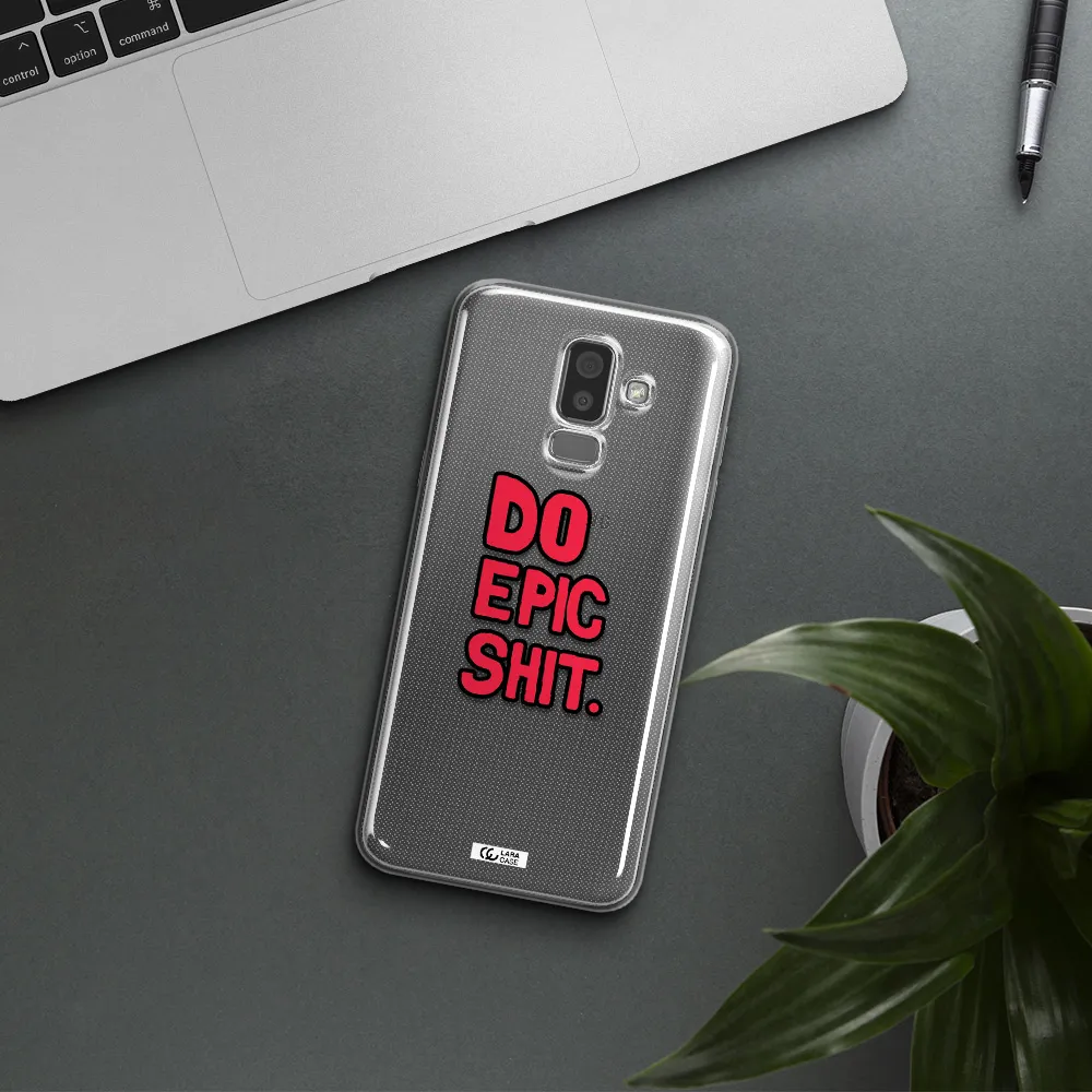a red and black text Samsung J8 Clear TPU Case