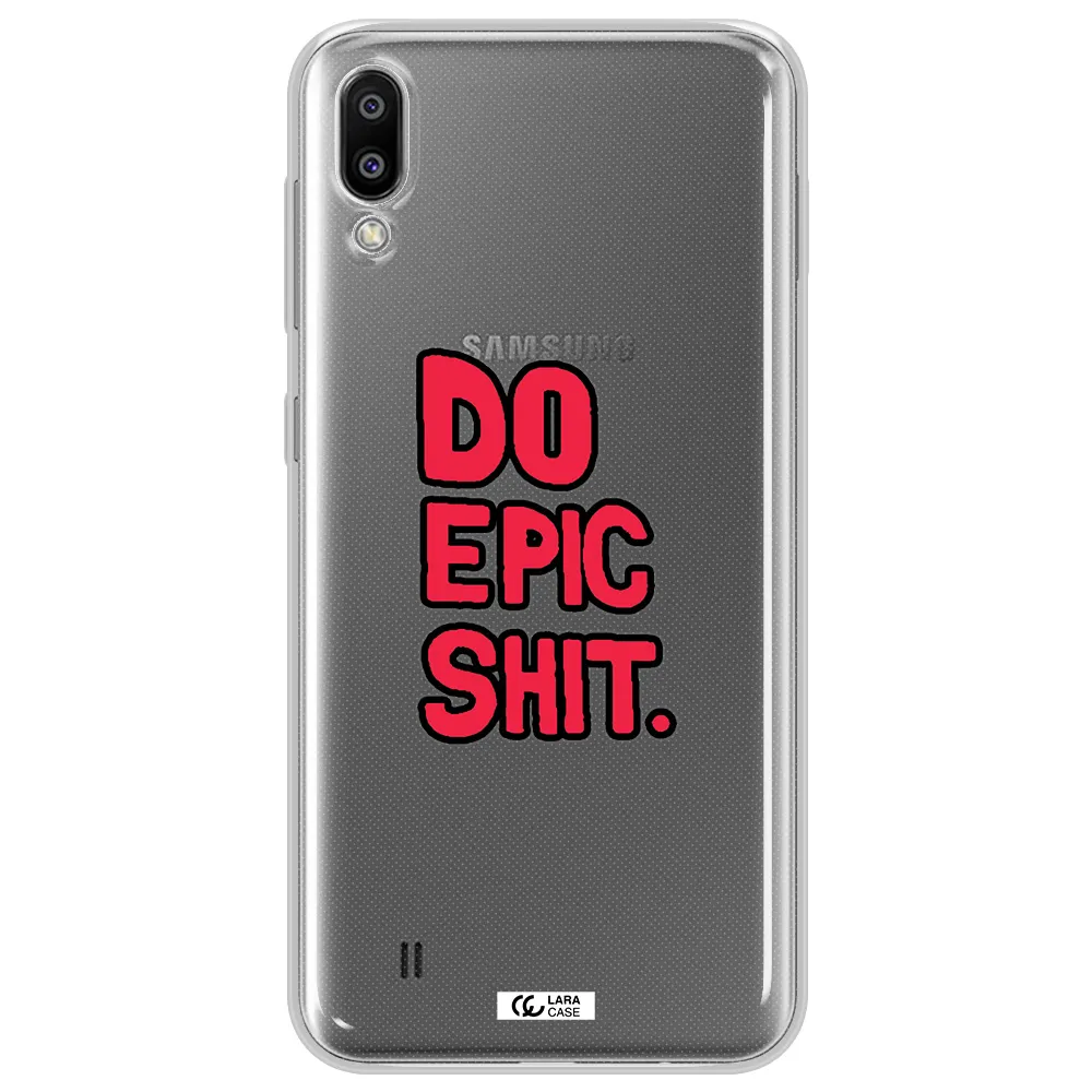 a red and black text Samsung M10 Clear TPU Case