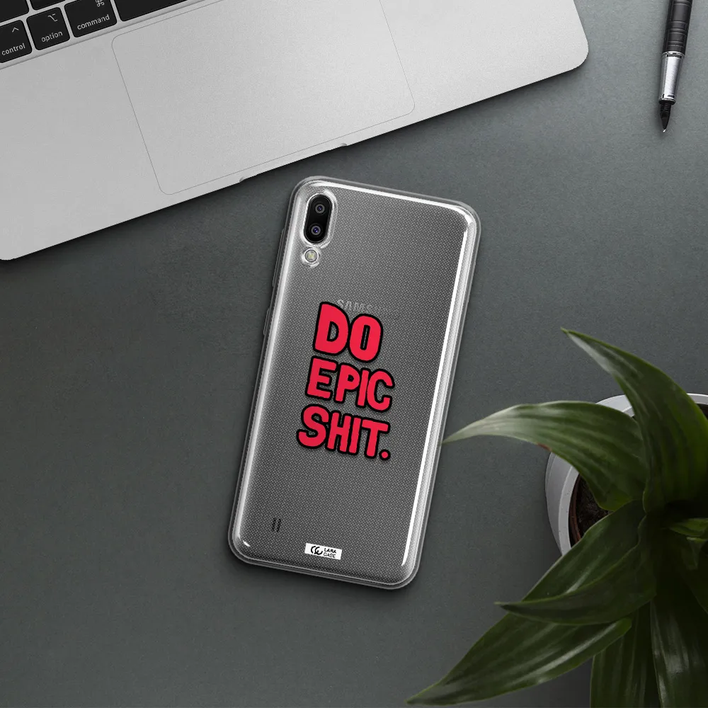 a red and black text Samsung M10 Clear TPU Case