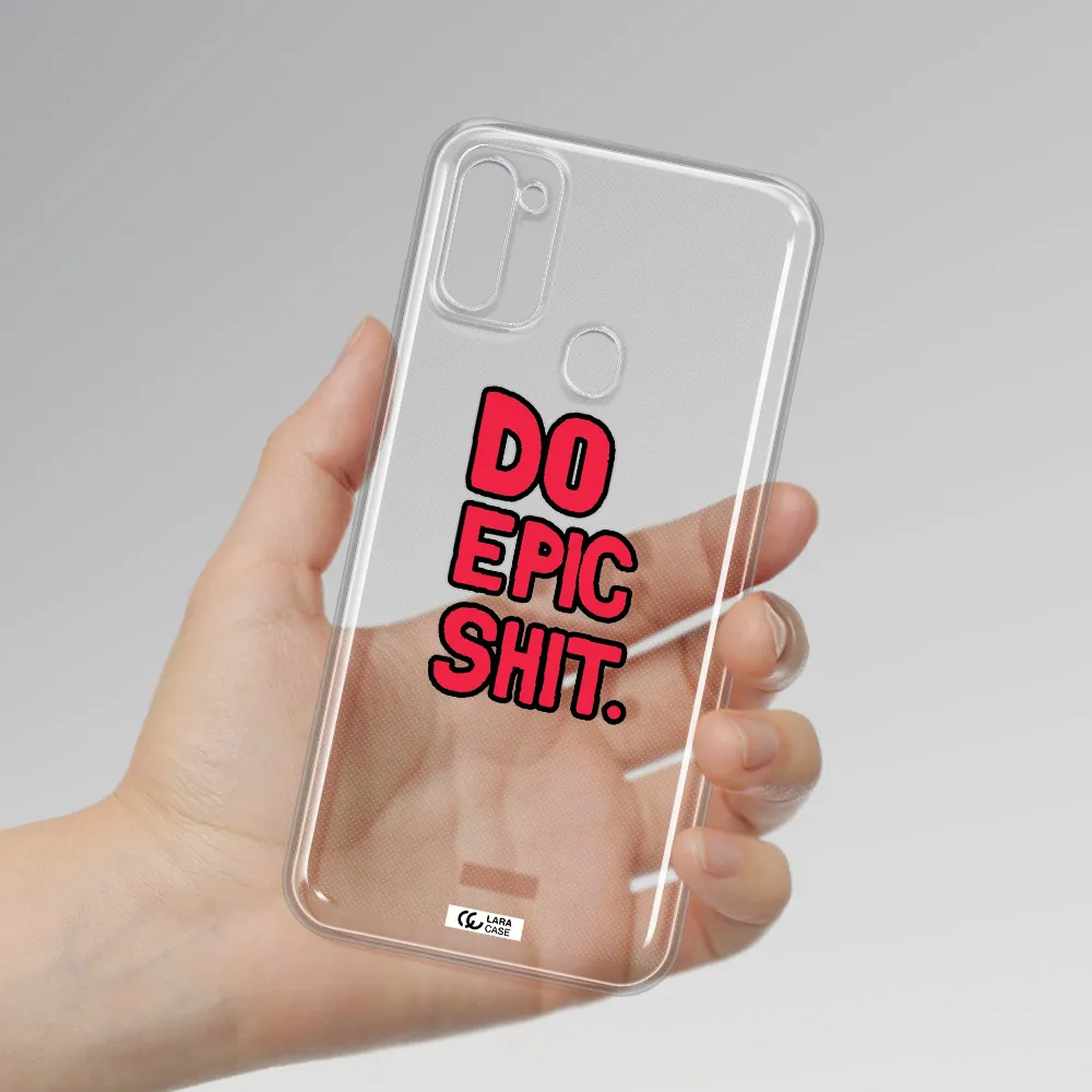 a red and black text Samsung M11 Clear TPU Case