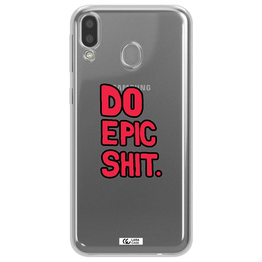 a red and black text Samsung M20 Clear TPU Case