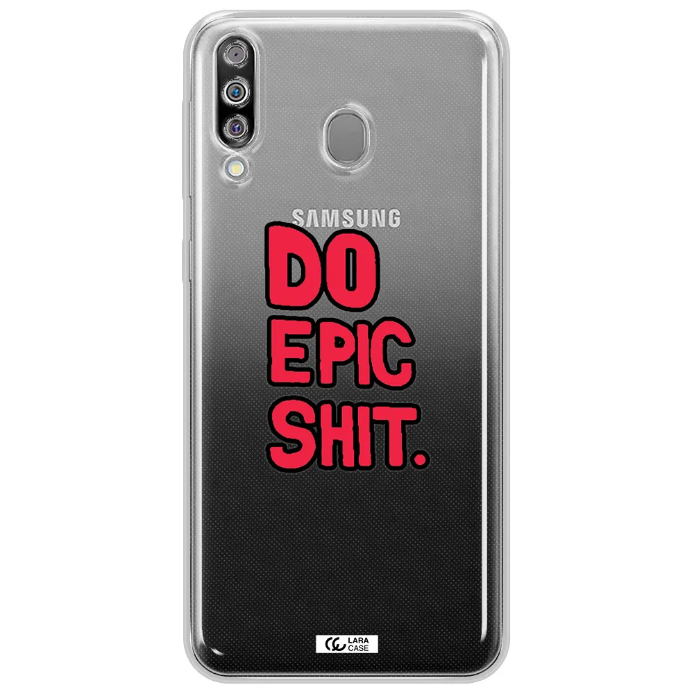 a red and black text Samsung M30 Clear TPU Case