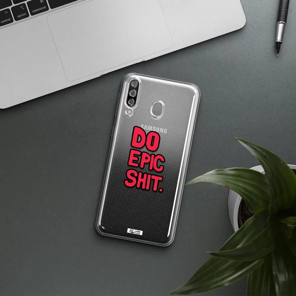 a red and black text Samsung M30 Clear TPU Case