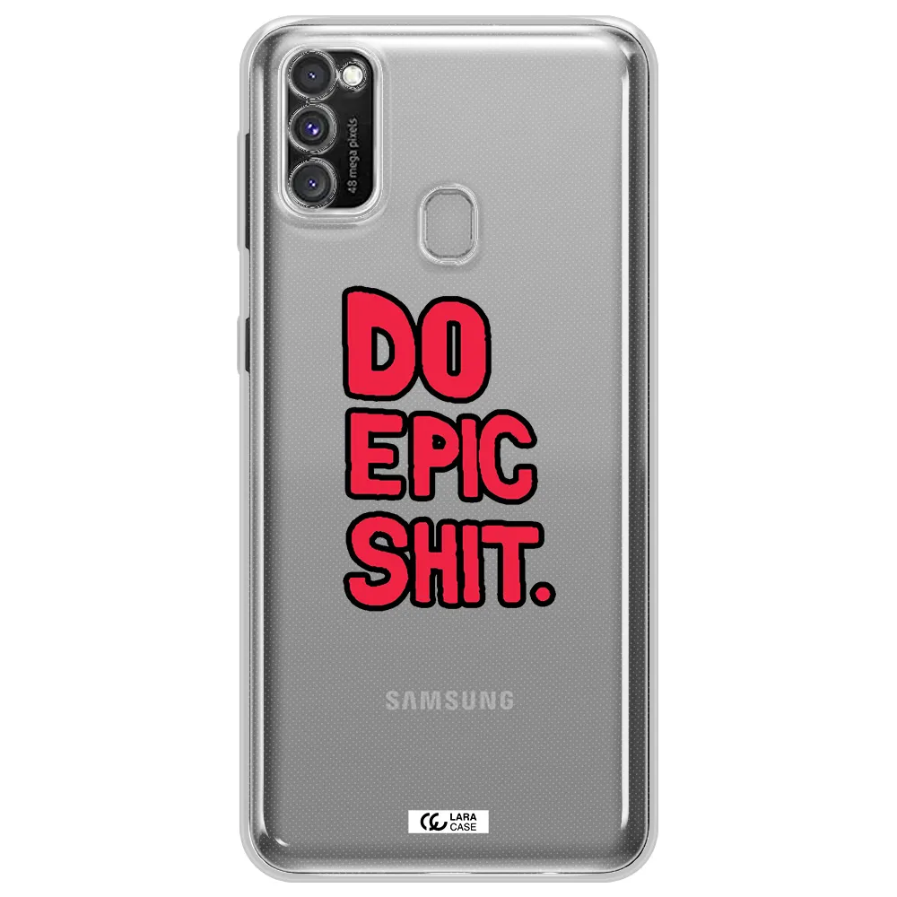 a red and black text Samsung M30S Clear TPU Case