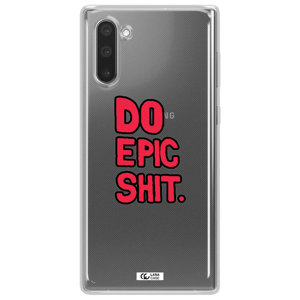 a red and black text Samsung Note 10 Clear TPU Case