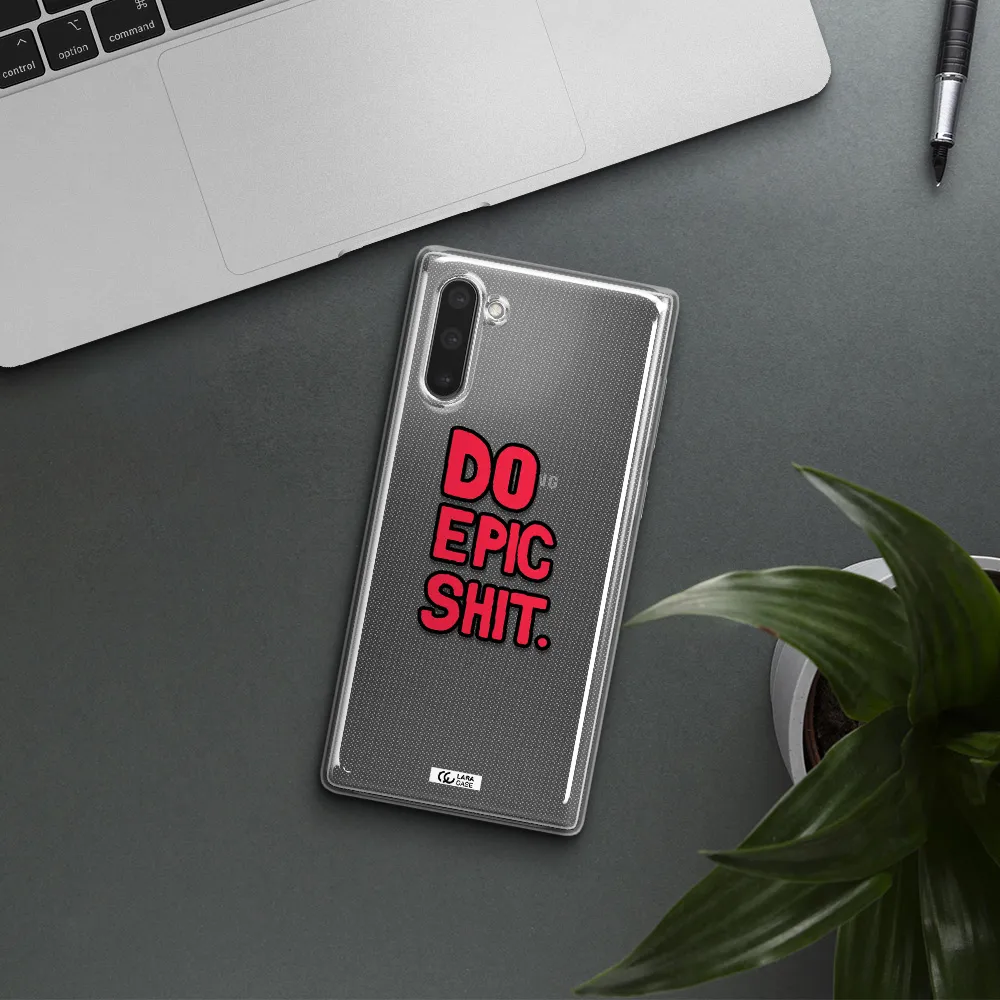 a red and black text Samsung Note 10 Clear TPU Case