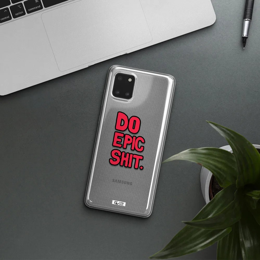 a red and black text Samsung Note 10 Lite Clear TPU Case