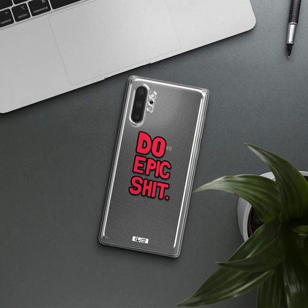 a red and black text Samsung Note 10 Plus Clear TPU Case