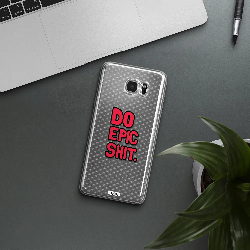 a red and black text Samsung Note 5 Clear TPU Case