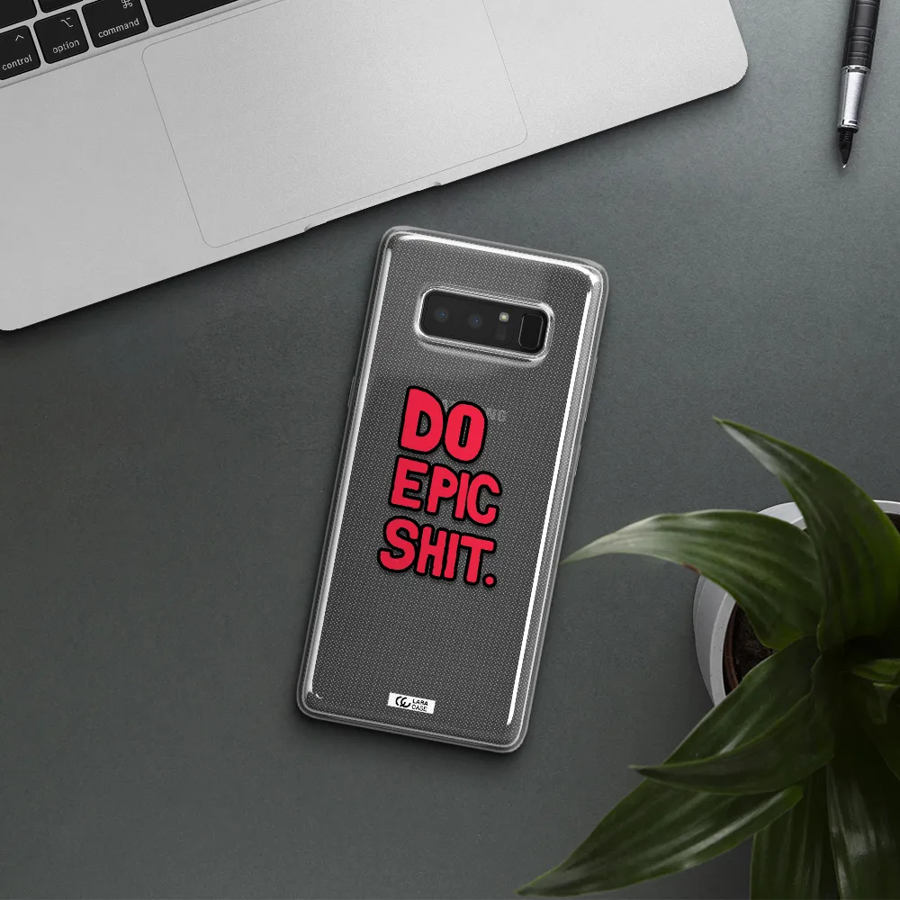 a red and black text Samsung Note 8 Clear TPU Case