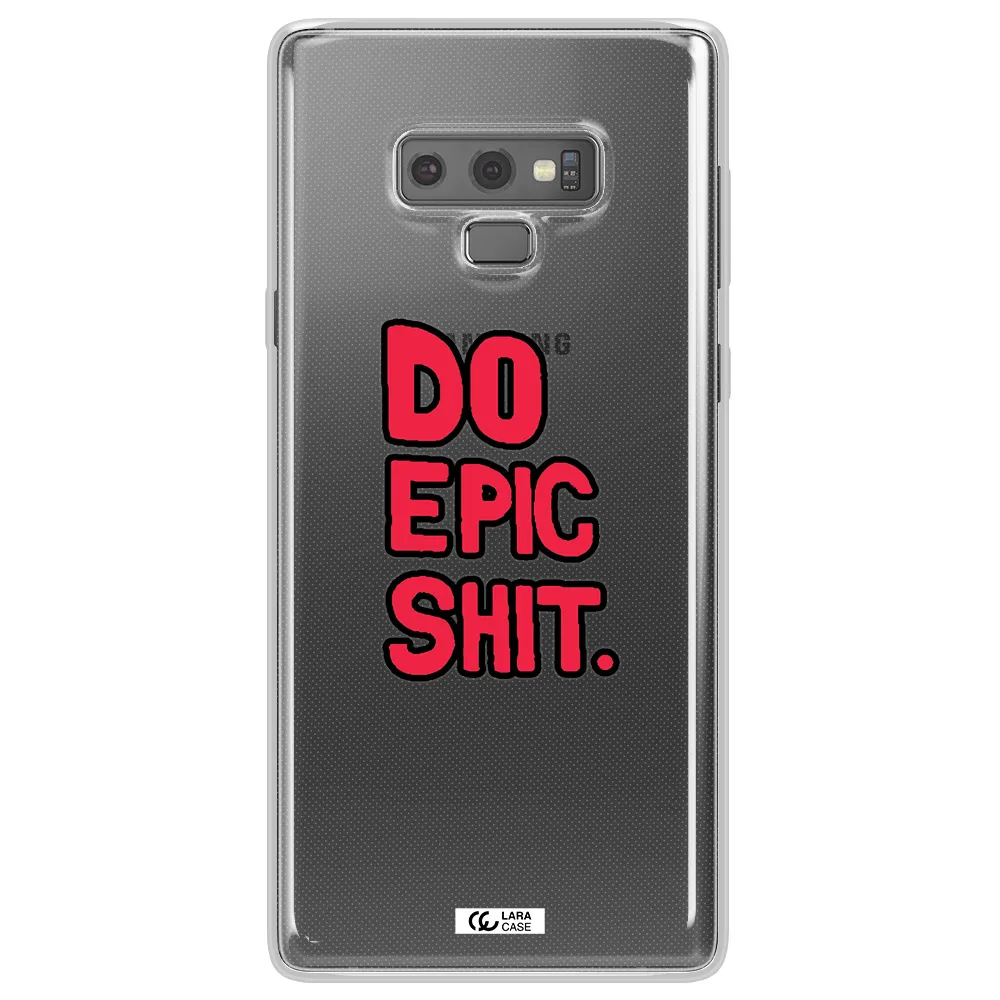 a red and black text Samsung Note 9 Clear TPU Case