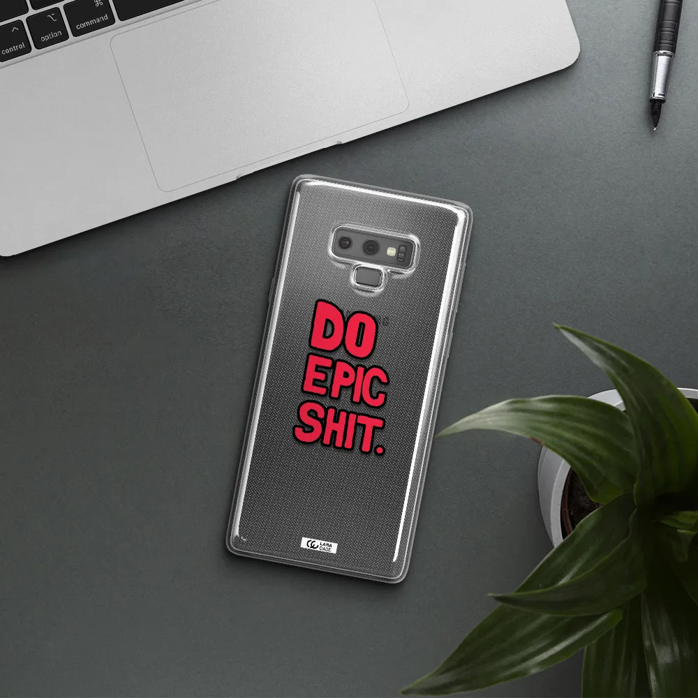 a red and black text Samsung Note 9 Clear TPU Case