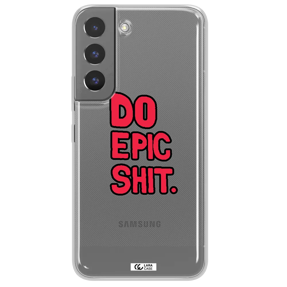 a red and black text Samsung S 22 Plus Clear TPU Case