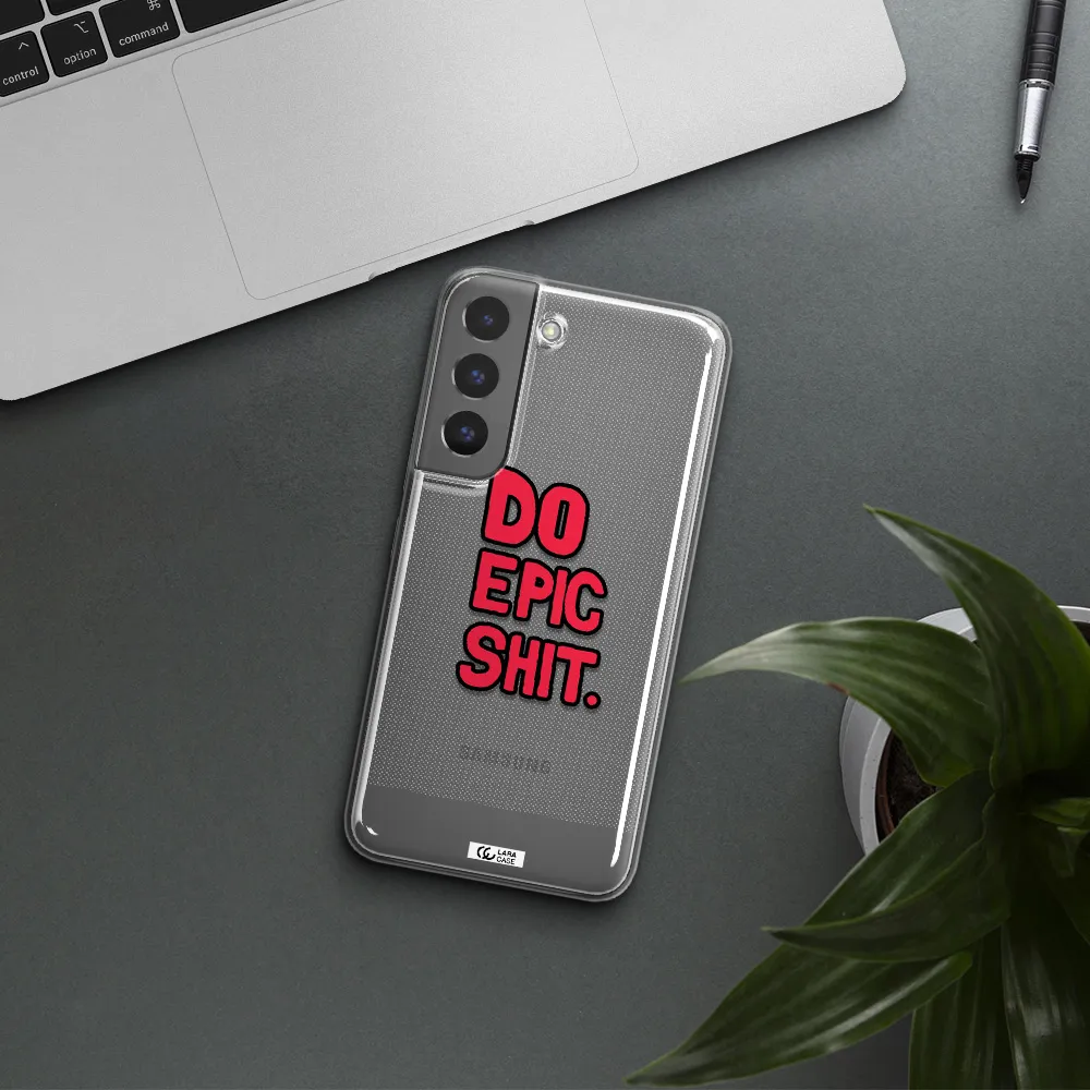 a red and black text Samsung S 22 Plus Clear TPU Case