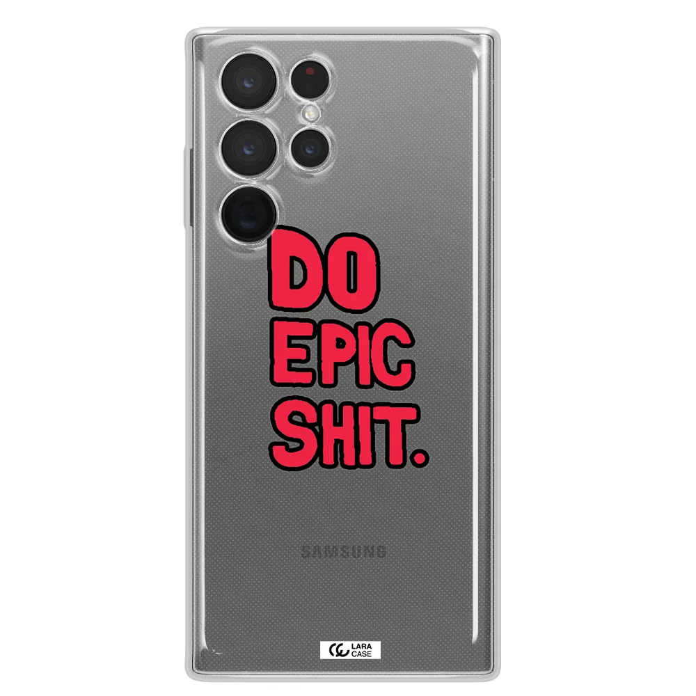 a red and black text Samsung S 22 Ultra Clear TPU Case