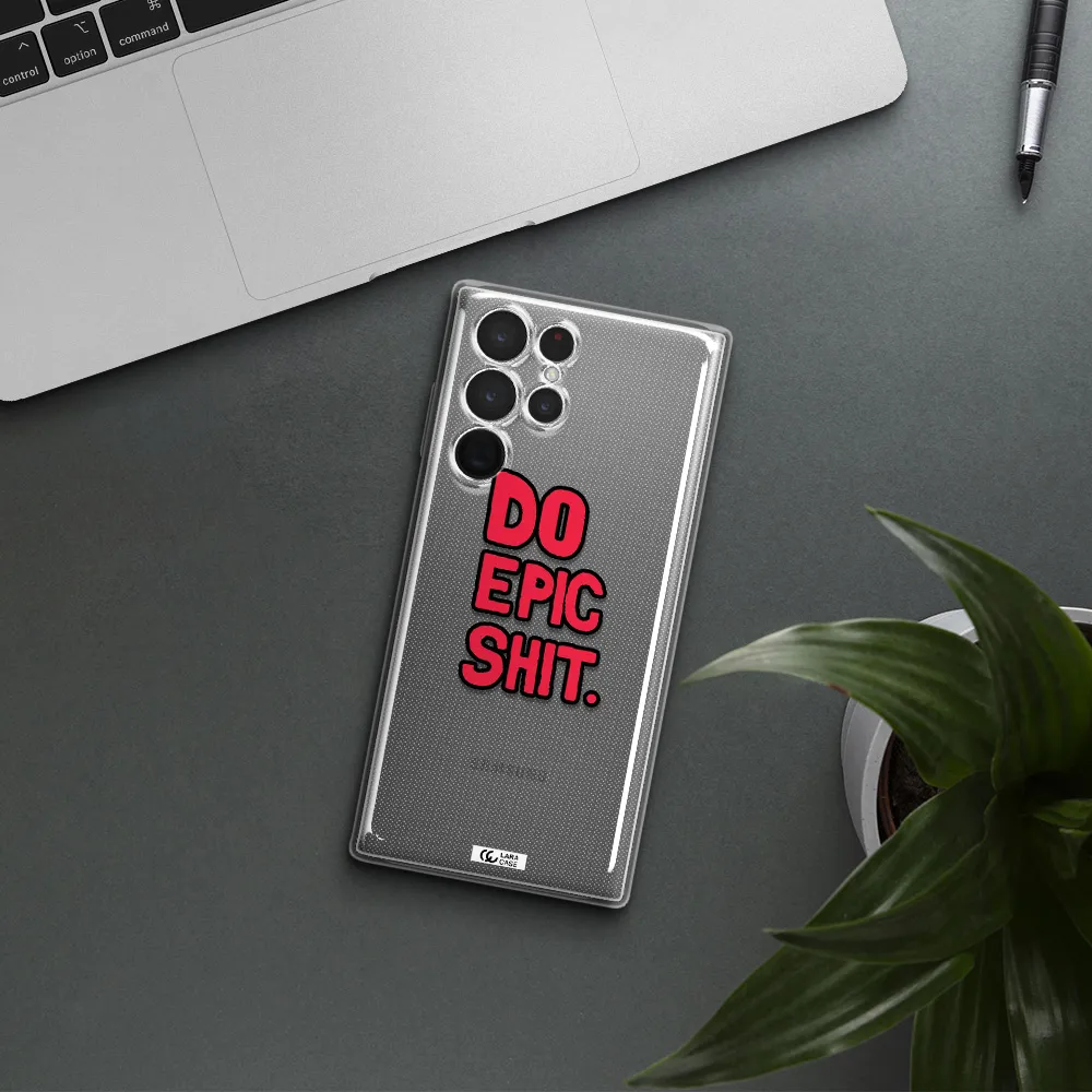 a red and black text Samsung S 22 Ultra Clear TPU Case