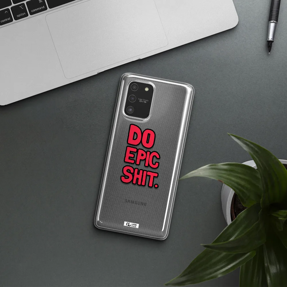 a red and black text Samsung S10 Lite Clear TPU Case