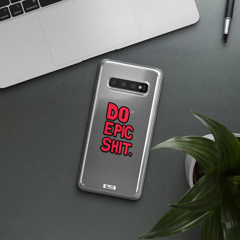 a red and black text Samsung S10 Plus Clear TPU Case