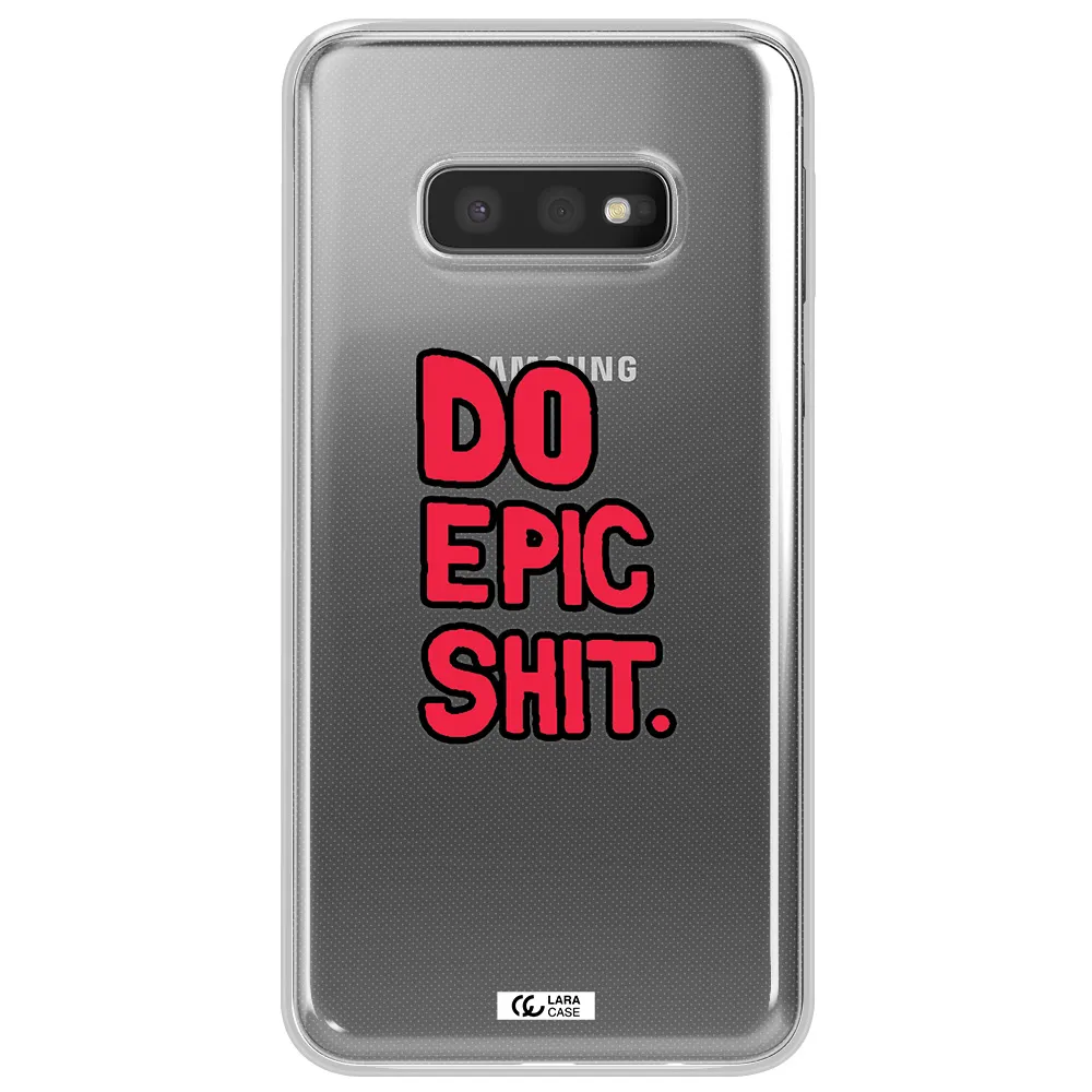 a red and black text Samsung S10e Clear TPU Case