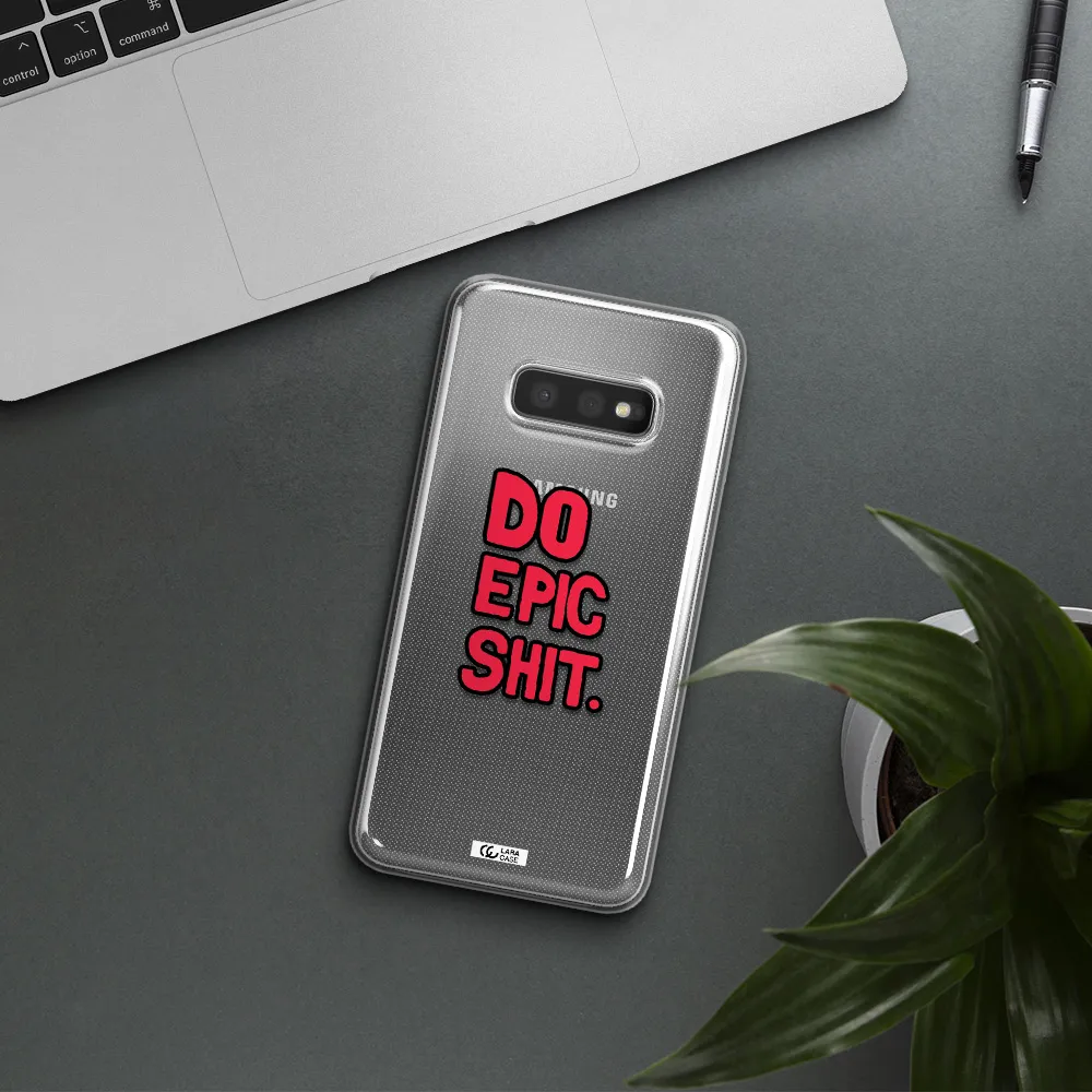 a red and black text Samsung S10e Clear TPU Case