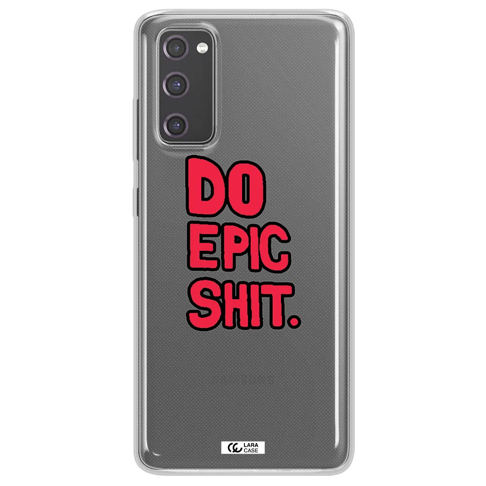 a red and black text Samsung S20 Fe Clear TPU Case