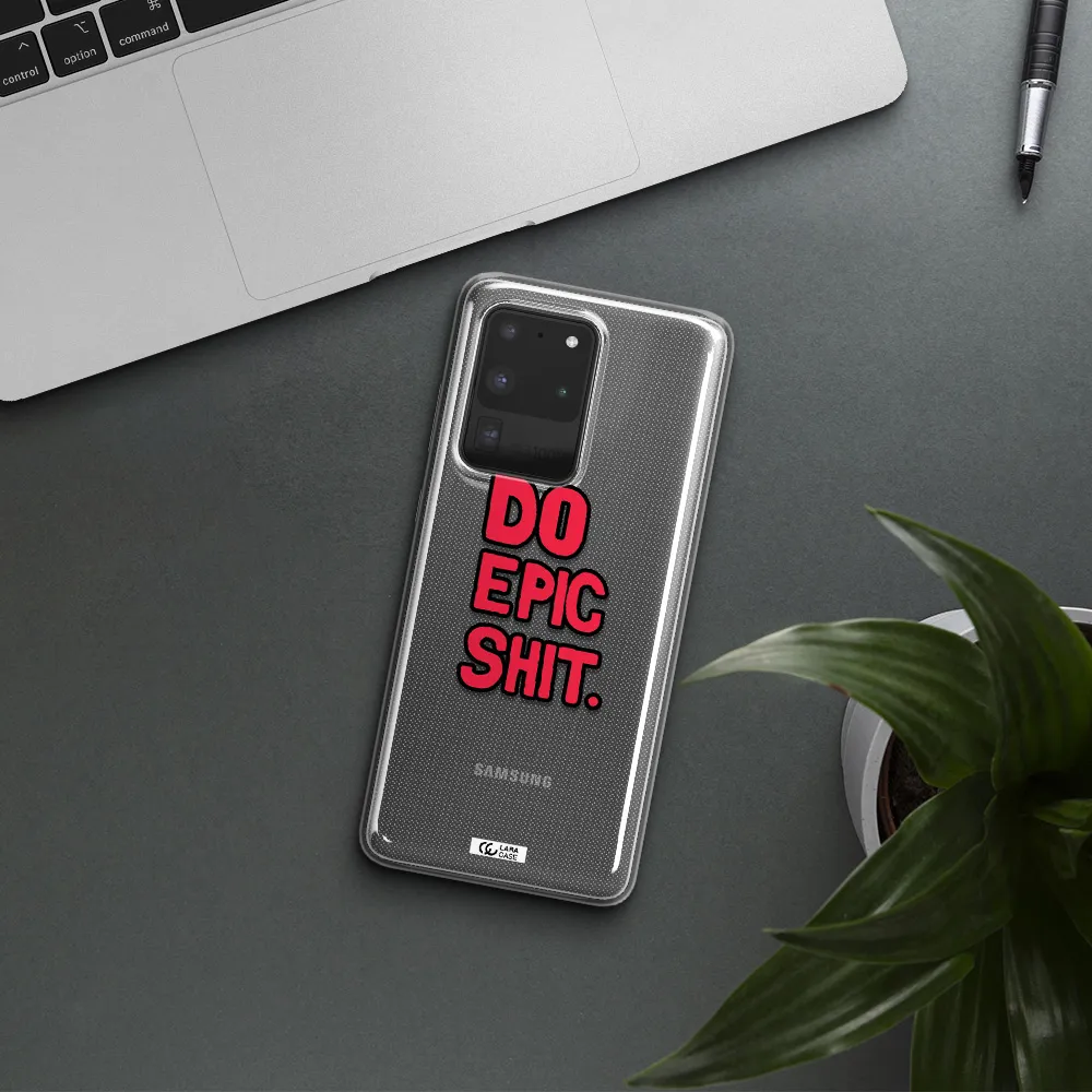 a red and black text Samsung S20 Ultra Clear TPU Case