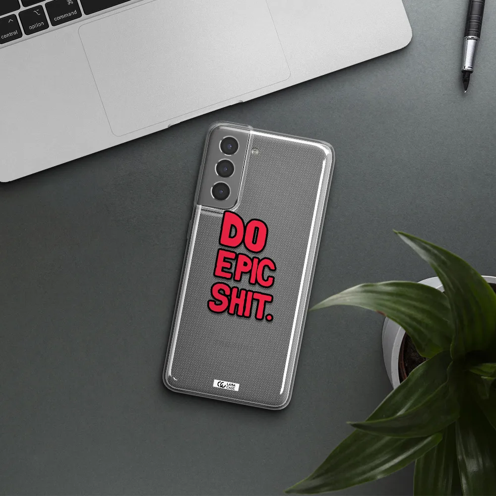 a red and black text Samsung S21 Clear TPU Case