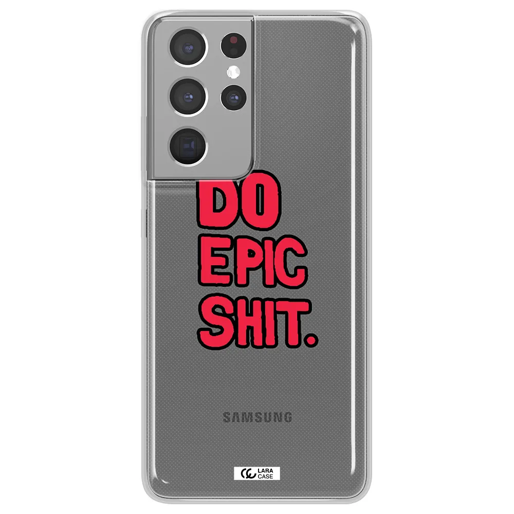 a red and black text Samsung S21 Ultra Clear TPU Case