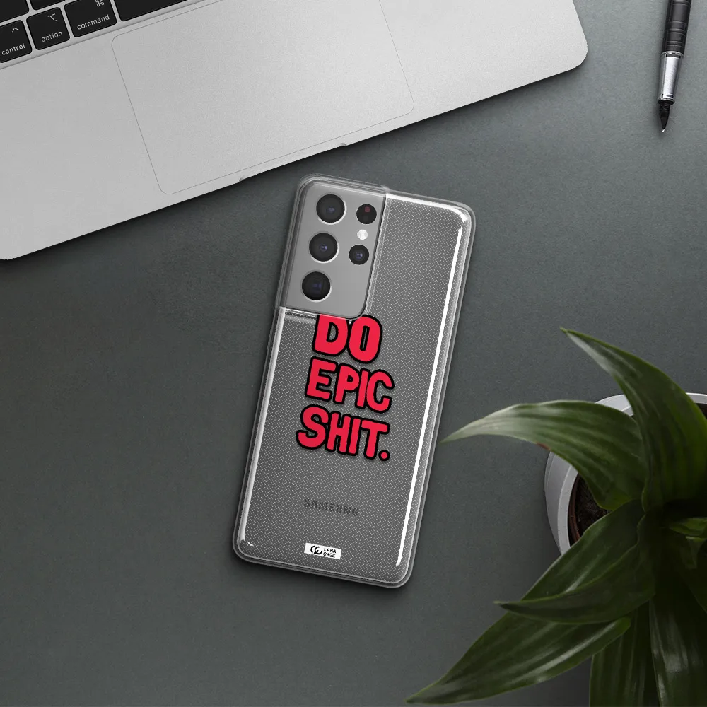 a red and black text Samsung S21 Ultra Clear TPU Case