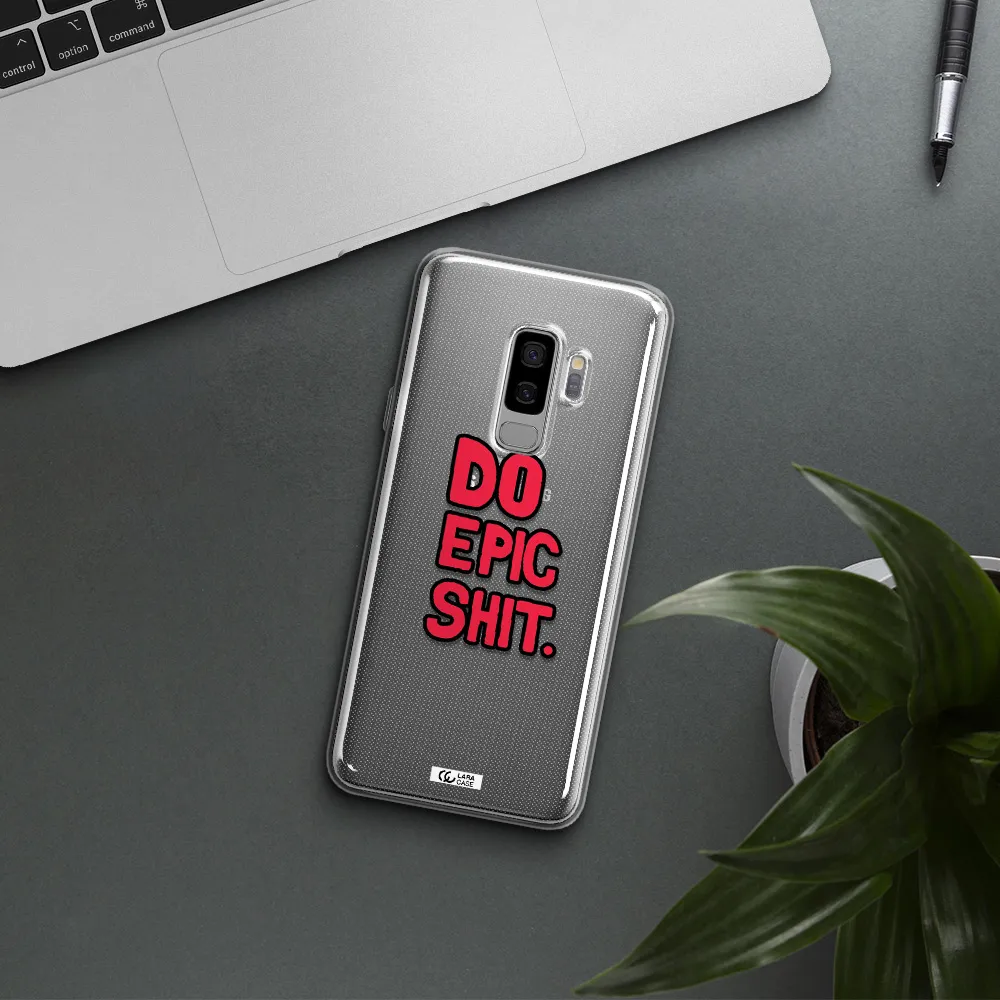 a red and black text Samsung S9 Plus Clear TPU Case