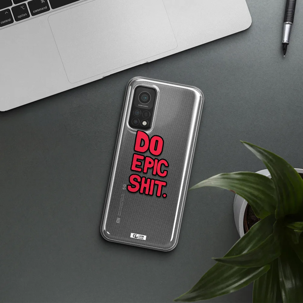 a red and black text Xiaomi Mi 10T Clear TPU Case